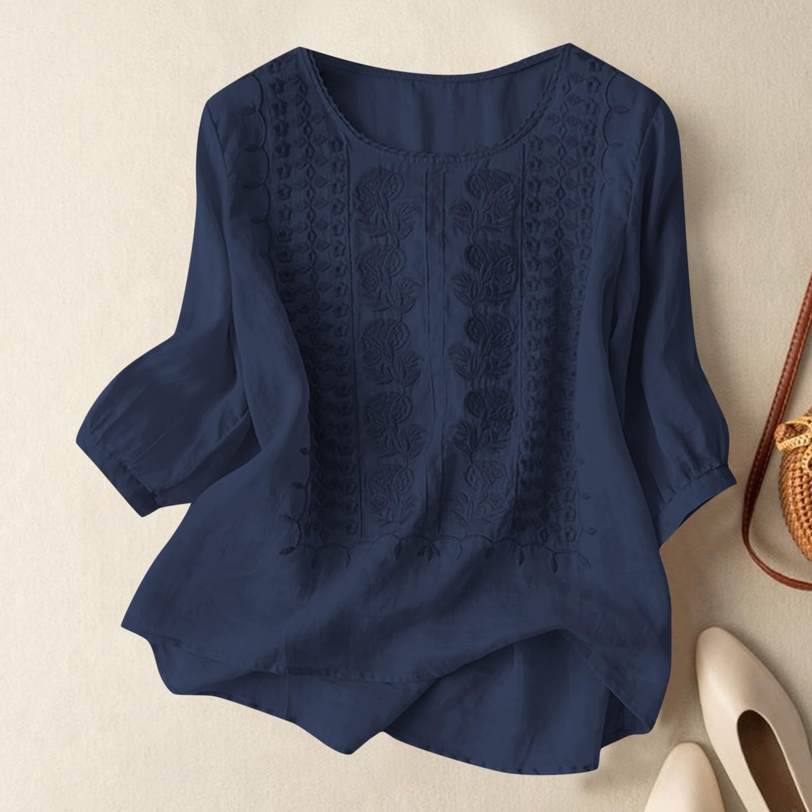 Chemisier Coton et Lin Manches Courtes pour Femme Blouses Ample Col Rond Tunique D'été Boho Vintage Broderie Top Hauts Lâche Respirant Grande Taille Tunique Blouse