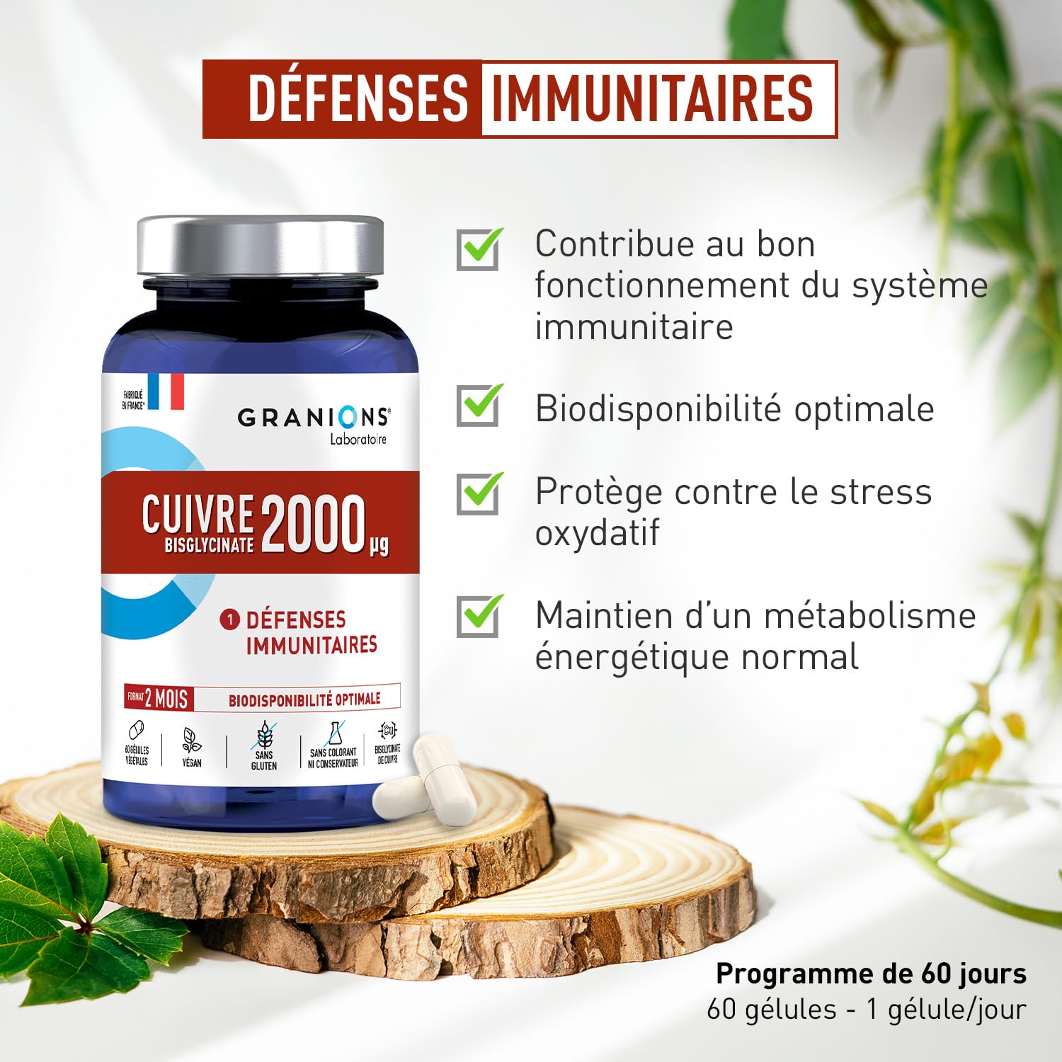 Granions Rame Bisglicinato 2 Mg - 200% Dell'Apporto Raccomandato - Biodisponibilità Ottimale - Difesa Dell'Immunità - 21.9 g