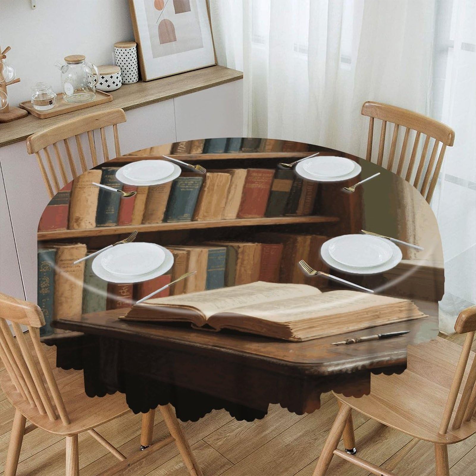 VstaDank Books Round Tablecloth Wipeable Round Polyester Tablecloth Waterproof Wrinkle Free Indoor and Outdoor Table Cover 60 Inch Decorative Farmhouse Table Cloth for Dining