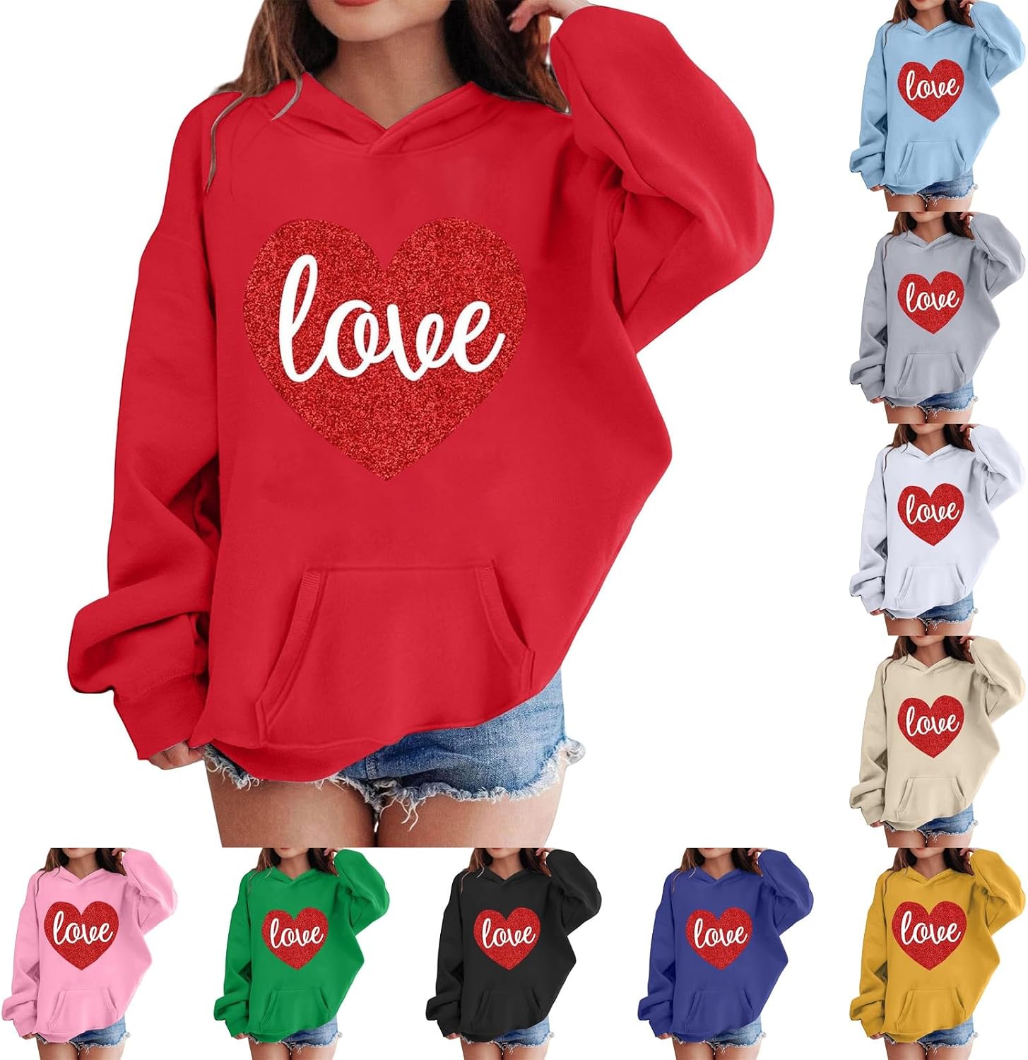 Sweatshirt for Girls Oversized Heart Letter Print Long Sleeve Hooded Sweatshirt Casual Loose Pullover Tops