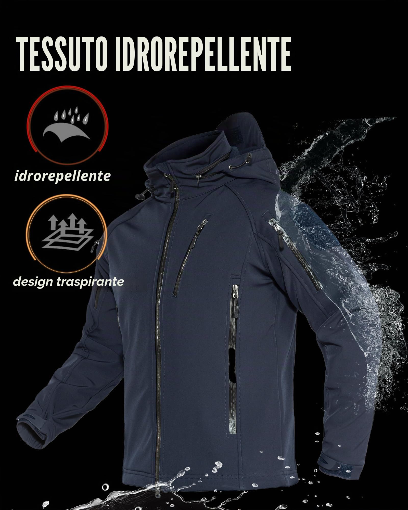 TACVASEN Giacca impermeabile in softshell con cappuccio e tasche multi cerniera per uomo