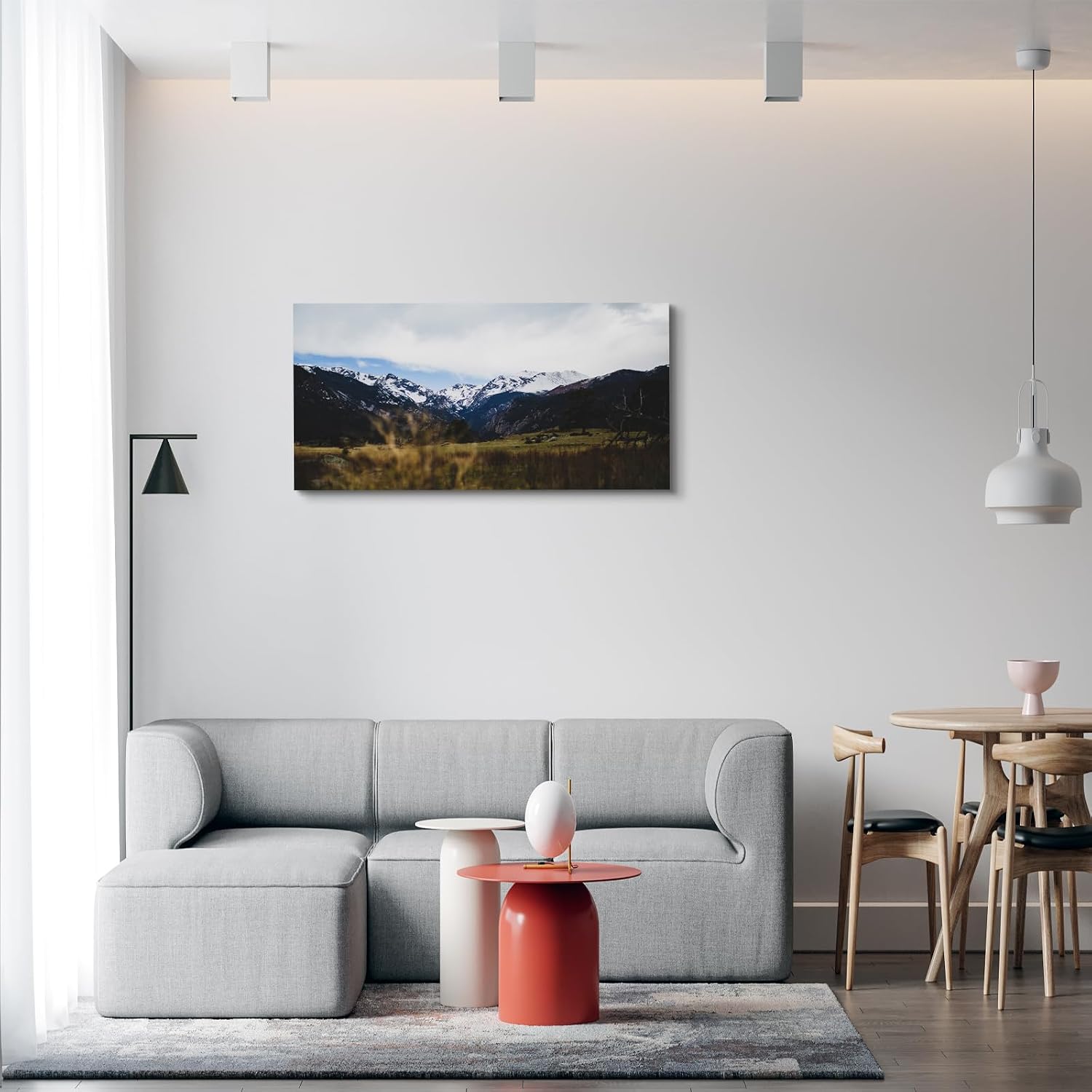 Craftline - Snowy Mountain Canvas Wall Art Autumn Meadow Photo Nature Landscape Picture Modern Poster Framed Artwork for Living Room Office Bedroom Decoration 32x16inch