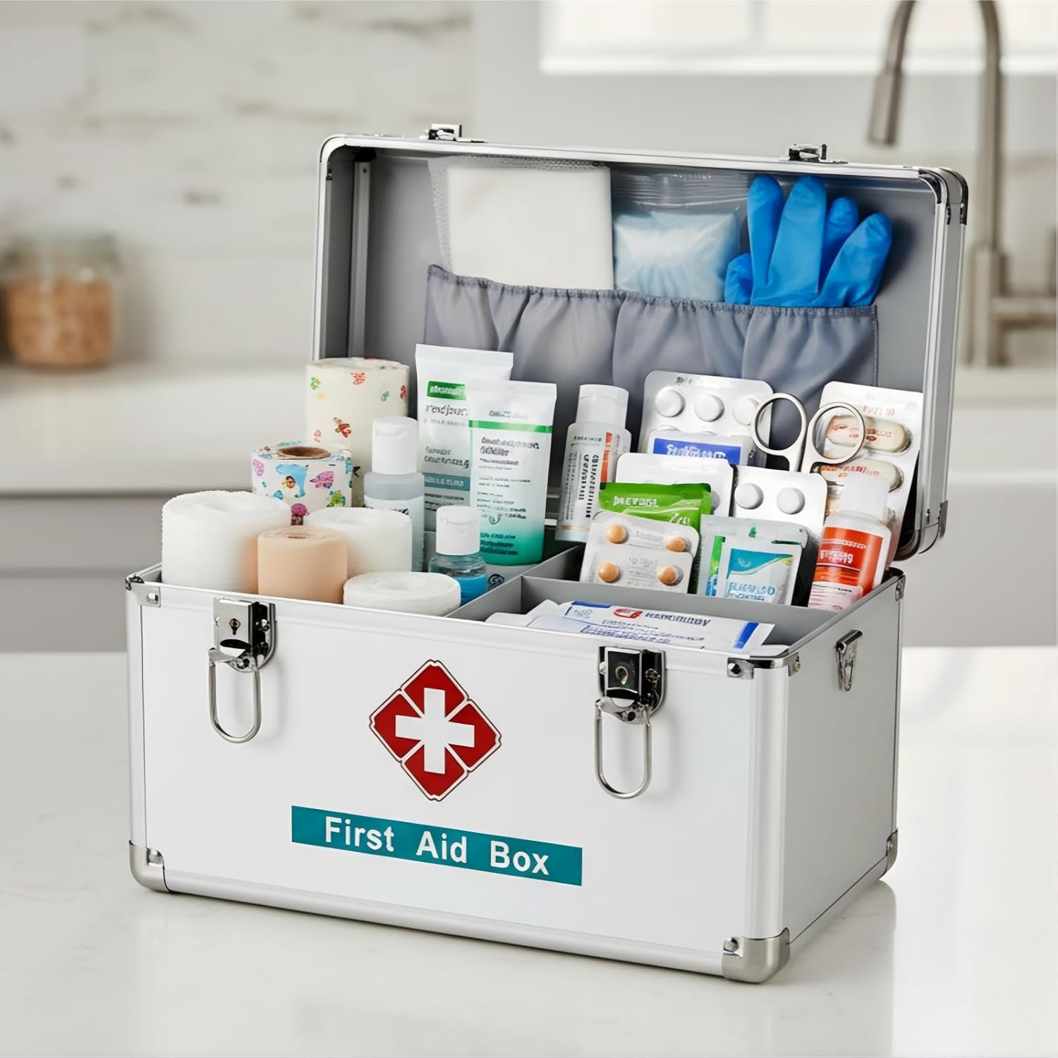 Aluminum Medicine Lock Box with Keys, 12.2 * 7.08 * 7.08” Medium Size Cabinet with Handle, Empty First Aid Storage for Home