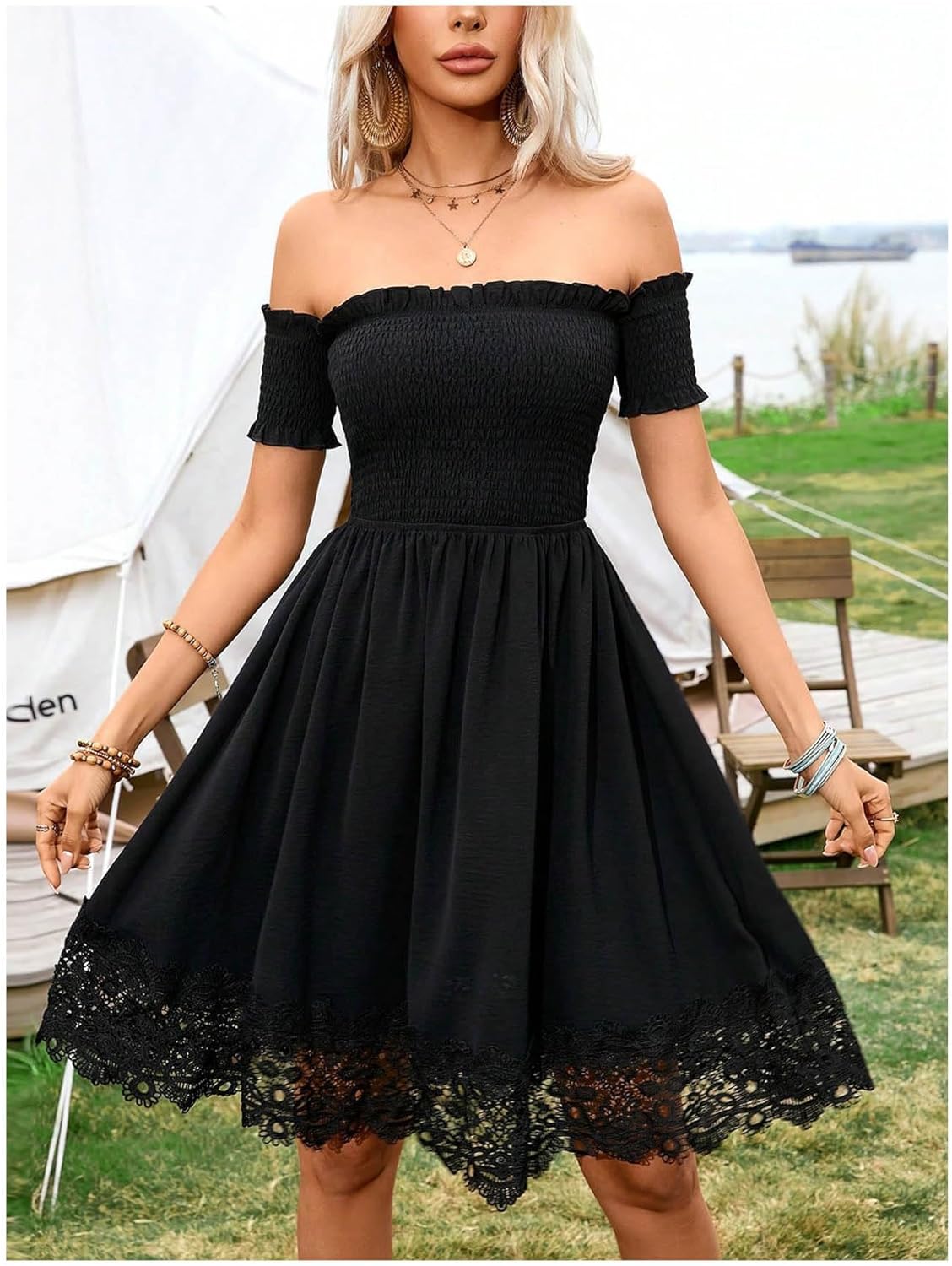 Floerns Women's Off Shoulder Short Sleeve A Line Dress Lace Trim Cowgirl Western Short Dresses - Image 2