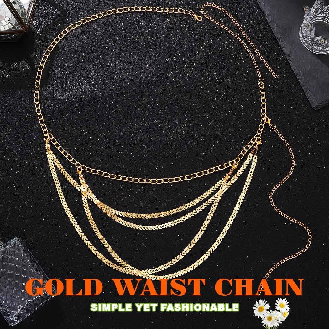 REETAN Gold Waist Chain Belt Layered Fashion Body Accessories for Women (gold)
