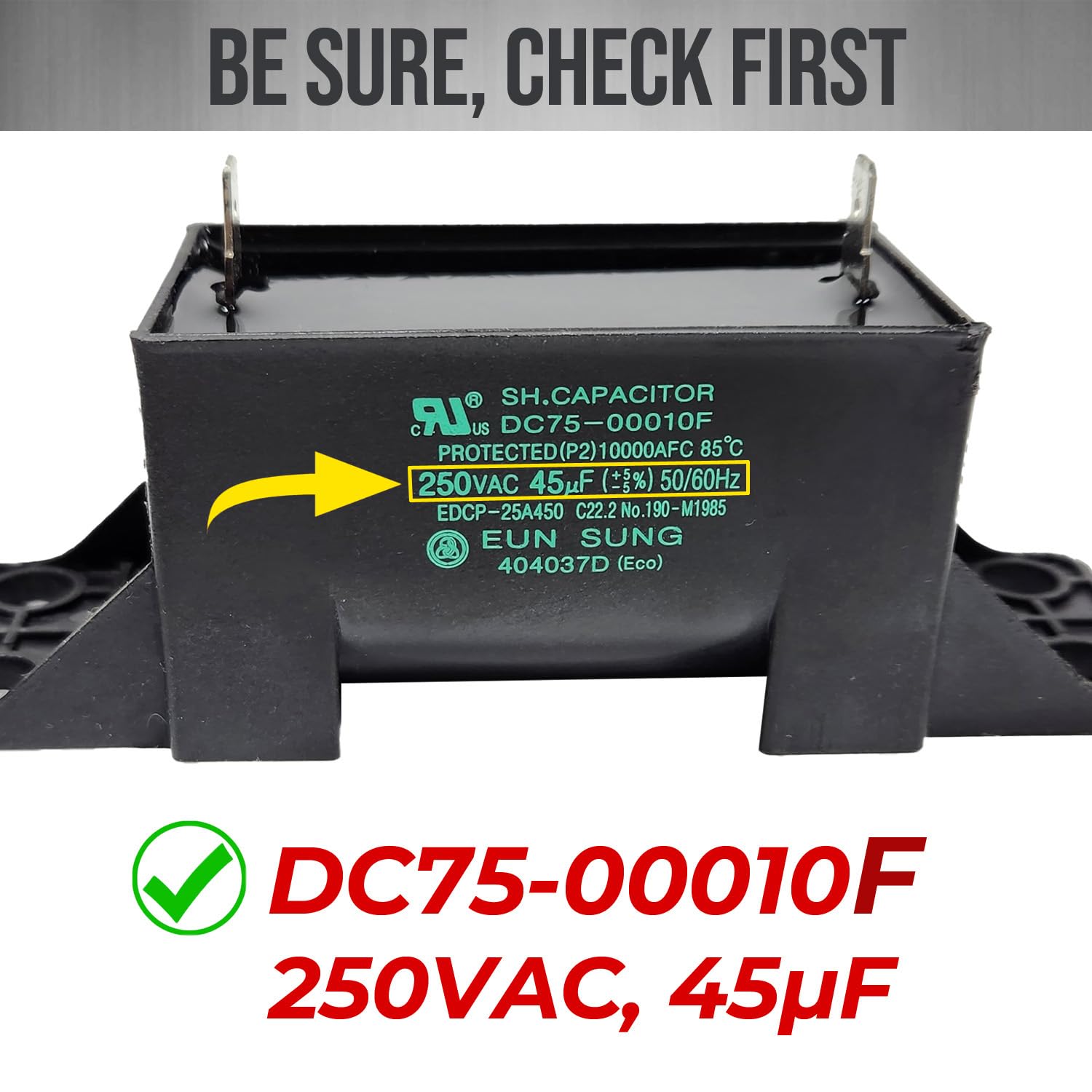 (OEM) A1PartsPro DC75-00010F for Samsung Washer Run Capacitor Motor Run-Box Assembly Replacement Accessories, 250VAC, 45μF, 50/60Hz