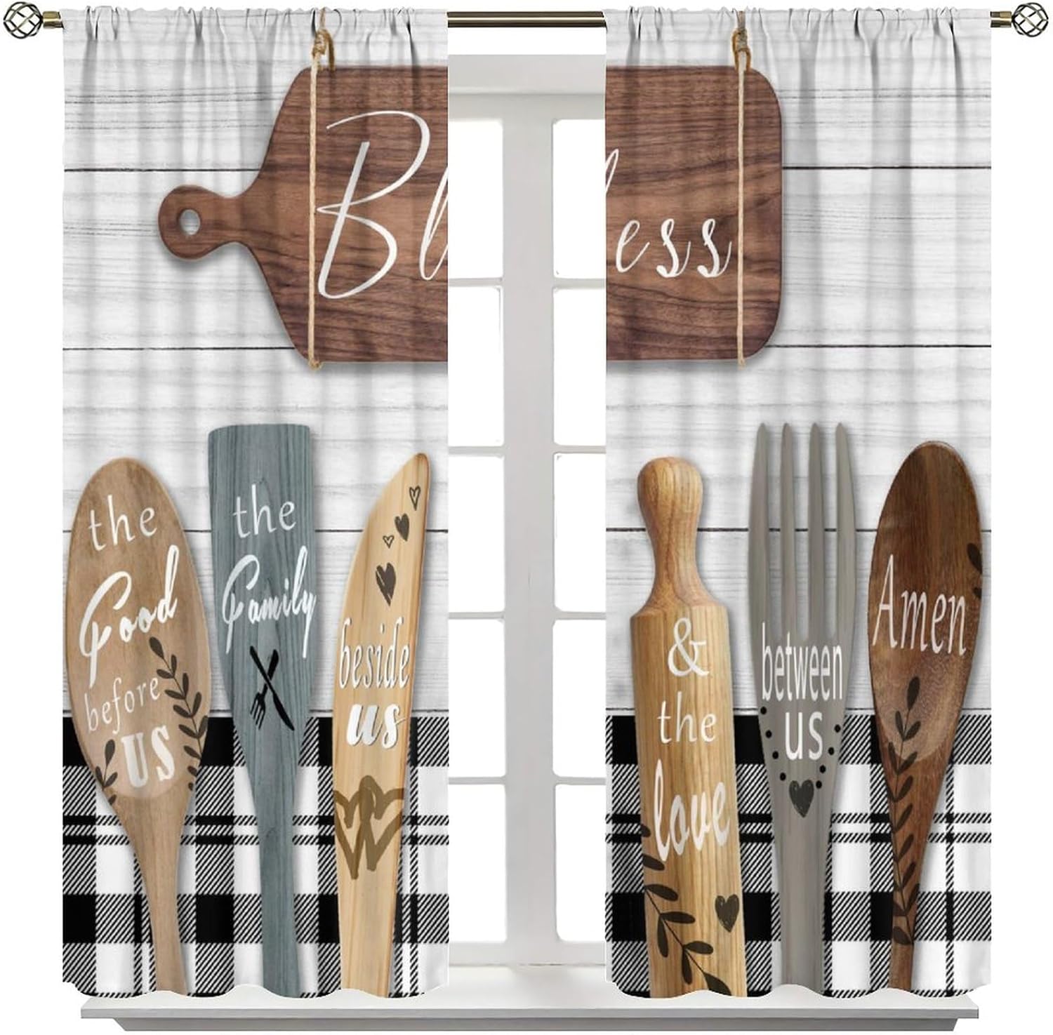 YCness Rustic Kitchen Curtains Farmhouse Vintage Country Wooden Plank Black White Window Treatments for Bedroom Living Room Kitchen Drapes 2 Panels 72x63 Inch