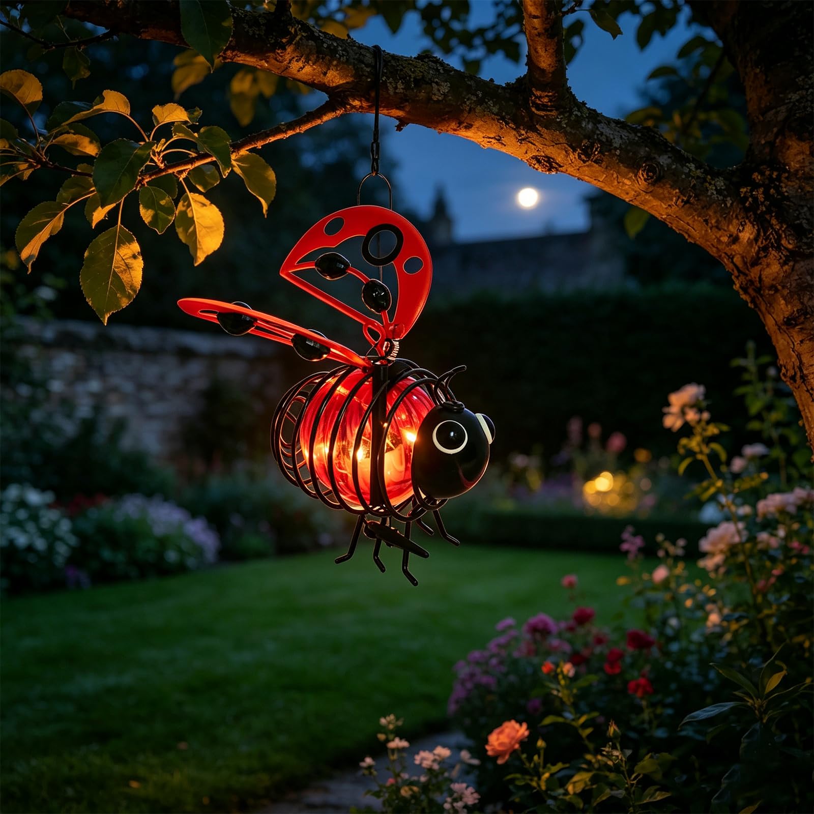 Solar Powered Hanging Bee Garden Light Outdoor, Metal Waterproof Garden Lantern, Auto-On Led Fairy Decor for Patio Yard Pathway (Red)