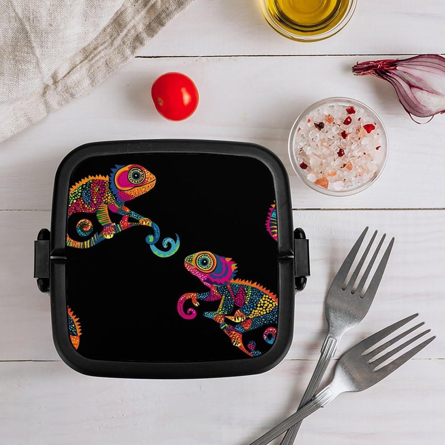 Chameleon Bento Box with Spoon 2 Layer Food Container Cute Lunch Box for Travel Dining Work
