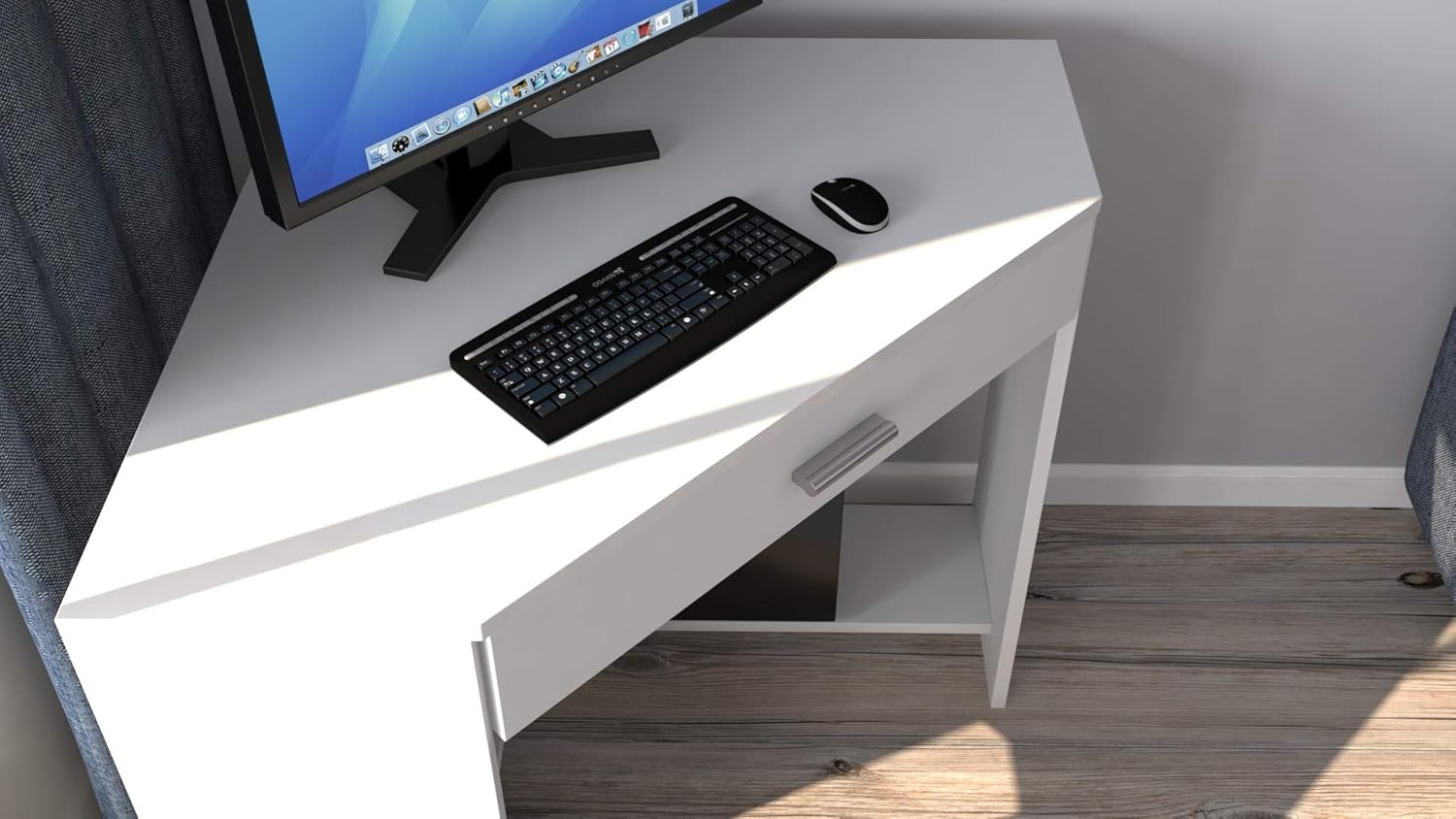 Ideal Gloss White Compact Modern Corner Computer Writing Desk for Home Office