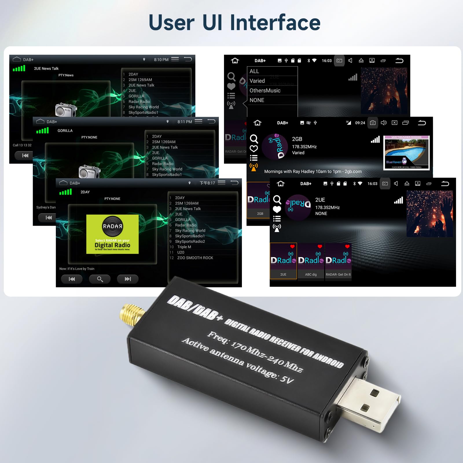 Hodozzy Dab Adaptador de Radio, Receptor de Radio Digital Dab+ para Estéreo de Coche Android, USB 2.0 D-AB+ para Dongle Módulo Universal con Antena D-AB, Adaptador Receptor de MP5 D-AB Box con Antena