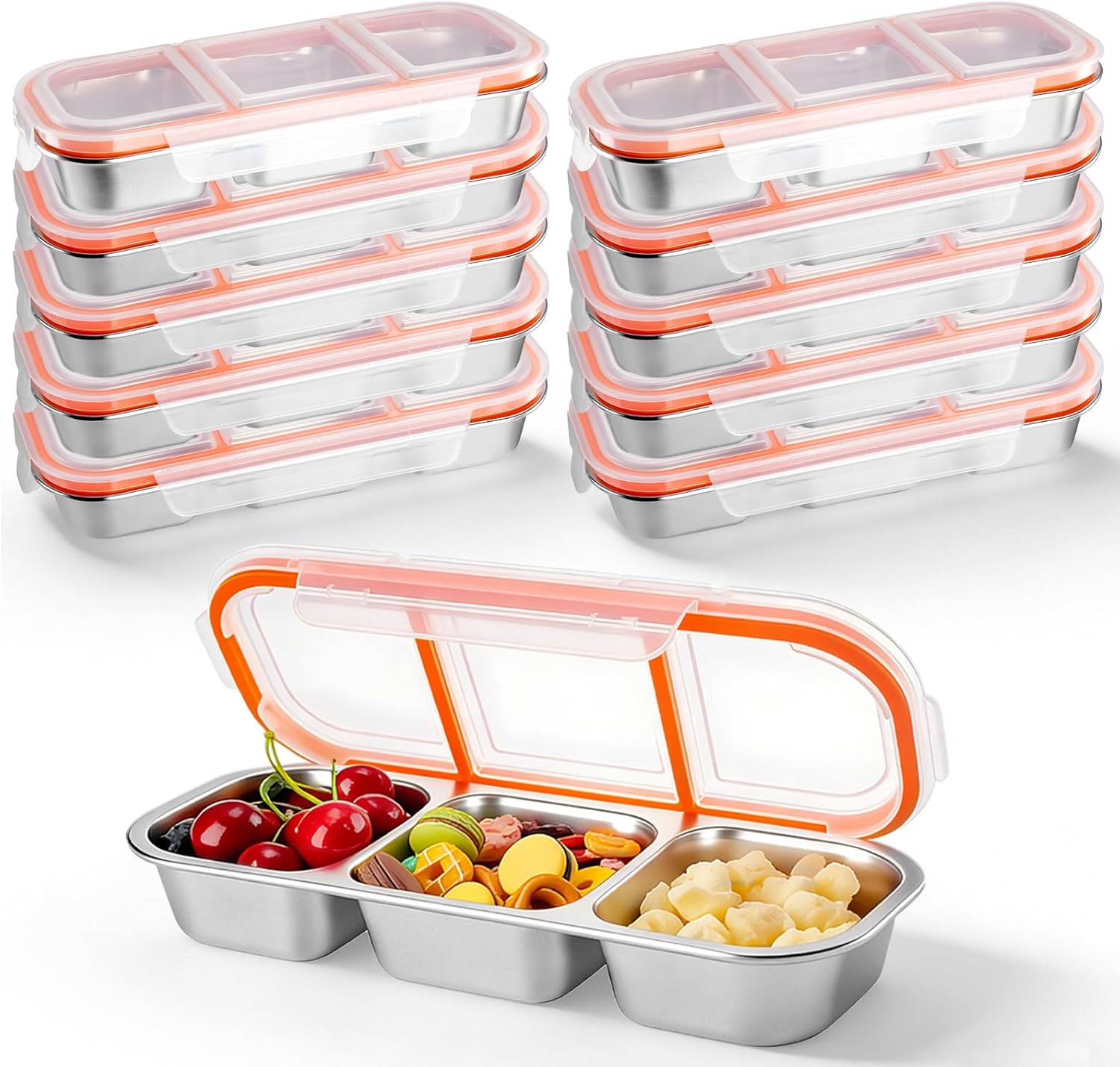 10 Pack Stainless Steel Snack Containers with Lids - 3 Compartments Reusable Metal Bento Boxes Divided Food Storage Containers For School,Office Home And Travel Stackable Lunch Boxes