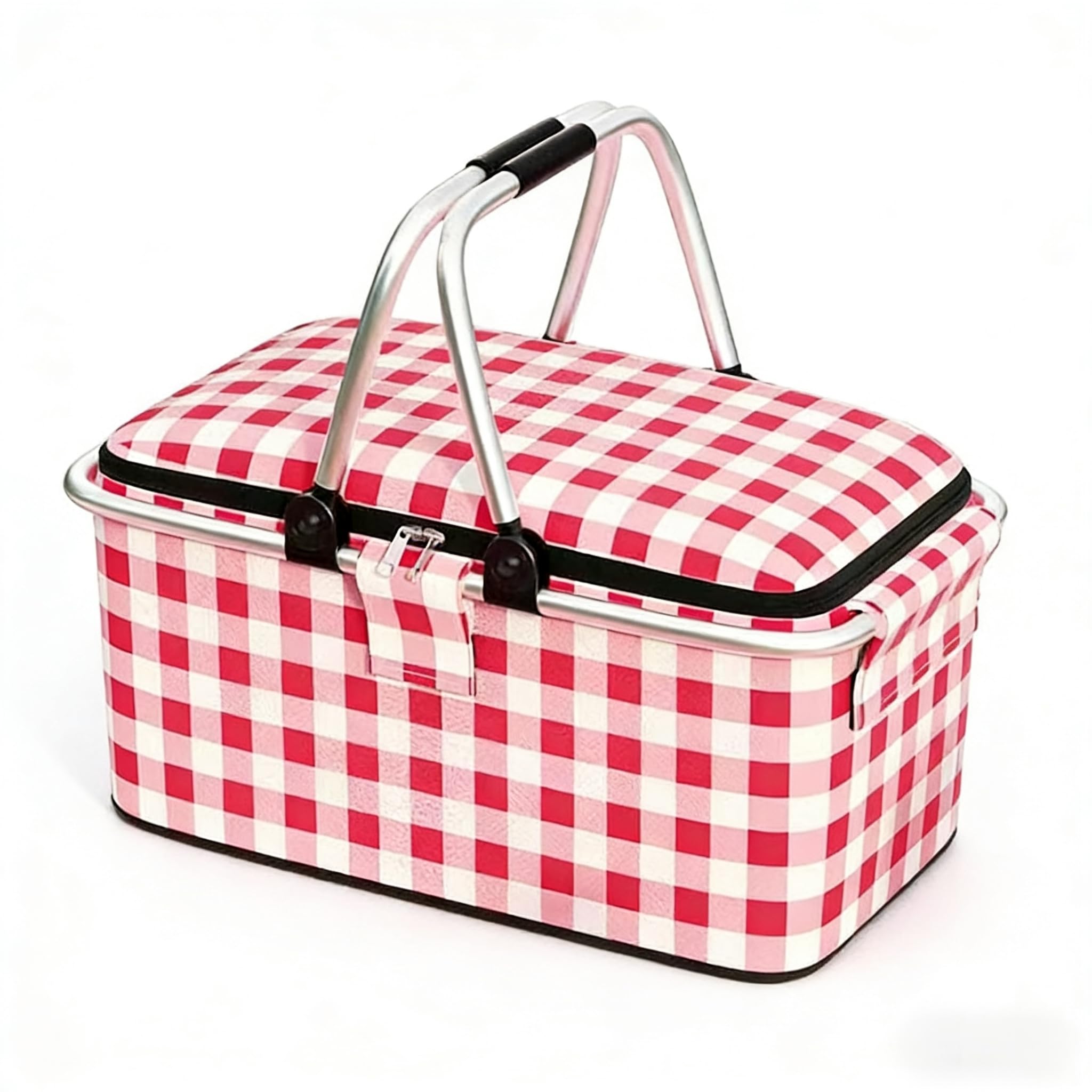 Foldable Insulated Picnic Basket (25L),Thermal Cooler Bag with Aluminum Foil Lining, Reusable Portable Picnic Tote for Camping, Picnic and Grocery Shopping (Red Plaid Pattern (Aluminum Frame))