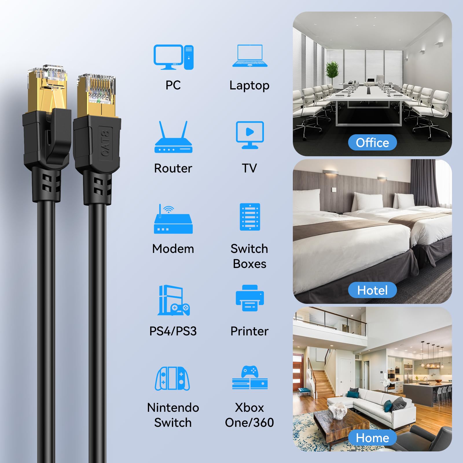 Nebite Câble Ethernet Cat 8 de 20 m, haut débit, 40 Gbit/s, 2000 MHz, résistant aux intempéries, pour intérieur et extérieur, avec connecteur RJ45 pour PS5/4, Xbox, modem, TV, commutateur, ordinateur