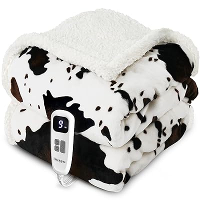 Cow Print Heated Blanket Twin-Heating Electric Blanket Twin with 10 Heat Levels & 10 Hours Auto-Off, Cozy Soft Fleece Sherpa, Washable, 62 x 84 Inche Cow Print Light Brown