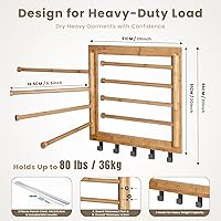 Vista 6 de Estante de secado de bambú para montaje en pared para lavandería, secadora de ropa plegable con 8 brazos y 5 ganchos, ahorro de espacio, 20 Natural