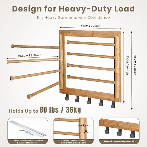 Miniatura 6 de Estante de secado de bambú para montaje en pared para lavandería, secadora de ropa plegable con 8 brazos y 5 ganchos, ahorro de espacio, 20