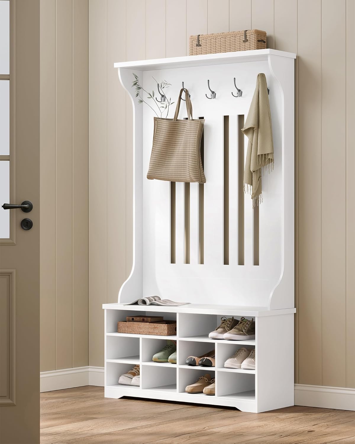 VASAGLE HSR404T10 Entryway Coat Rack with Shoe Storage Bench, front view.