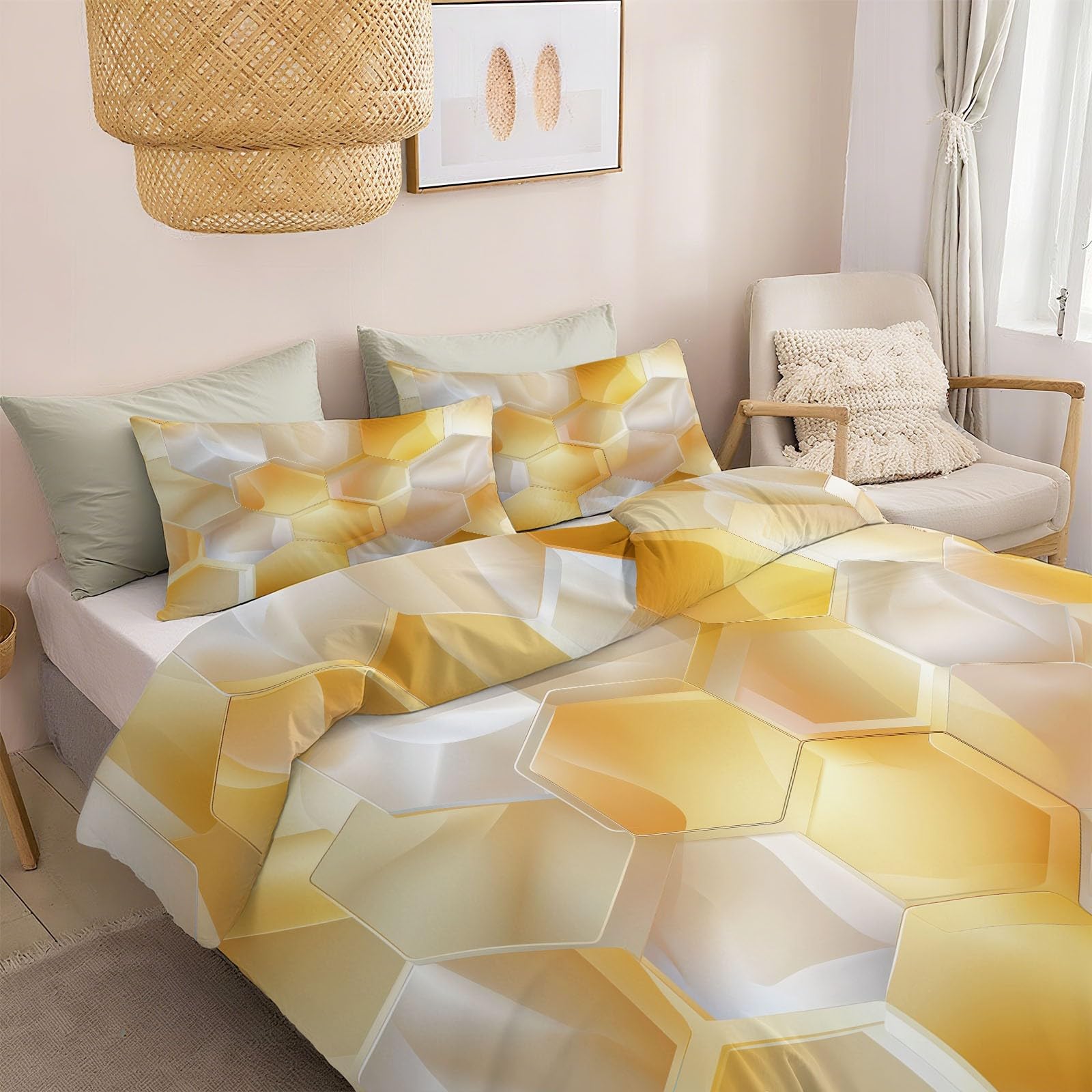 Nowoczesna abstrakcyjna geometryczna poszwa na kołdrę z mikrofibry szczotkowana poliester, zestaw pościeli 140 x 200 cm, hipoalergiczny, odporny na zmarszczki, miękki, lekki łatwy w pielęgnacji Żółty