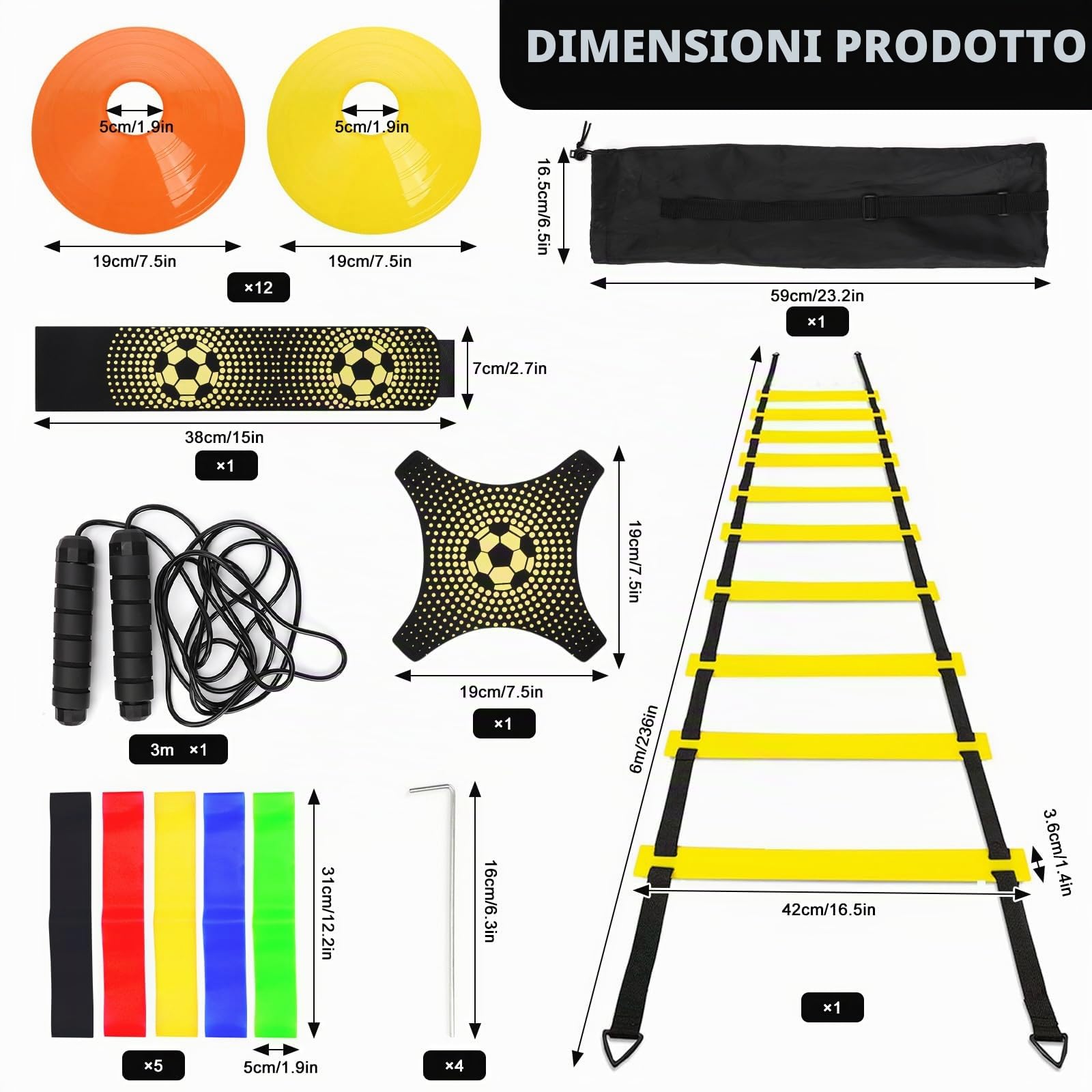 LangRay Set di Allenamento Calcio, Accessori per Allenamento Calcio con Scala di Coordinamento 6m, 12 Cinesini Calcio, 1 Corda da Salto, 1 Allenatore, 5 Fasce di Resistenza, Regali Calcio per Ragazzi