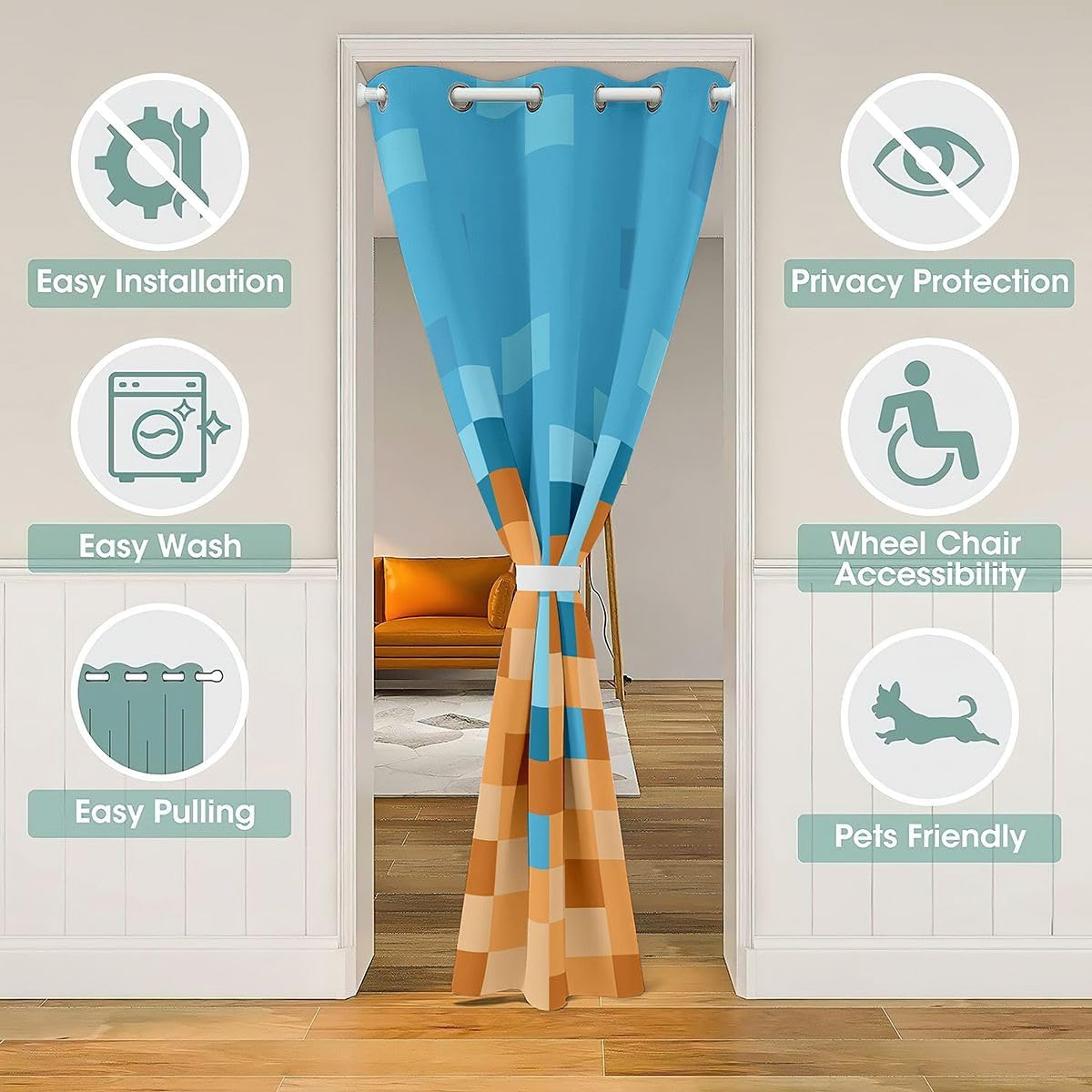 Castle Fairy Pixel Art Doorway Curtain，Gaming Blackout Curtain,Cartoon Gamepad Bedroom Entryway Living Room Decor,Blue Khaki Room Divider Door Drape 1 Panel,42" W x 80" L image 3