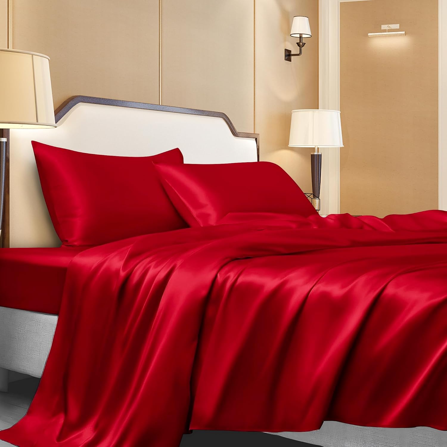 AL AHMEDANI LINEN Red Satin Sheets King Luxurious 4Piece