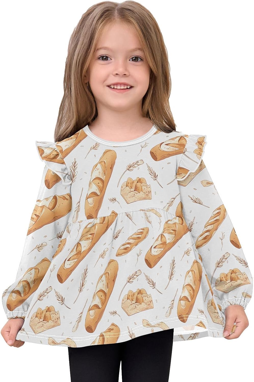 visesunny Toddler Clothes for Girls Food Baguette Pattern Long Sleeve Fall Shirts Cotton Top with Ruffle Collar