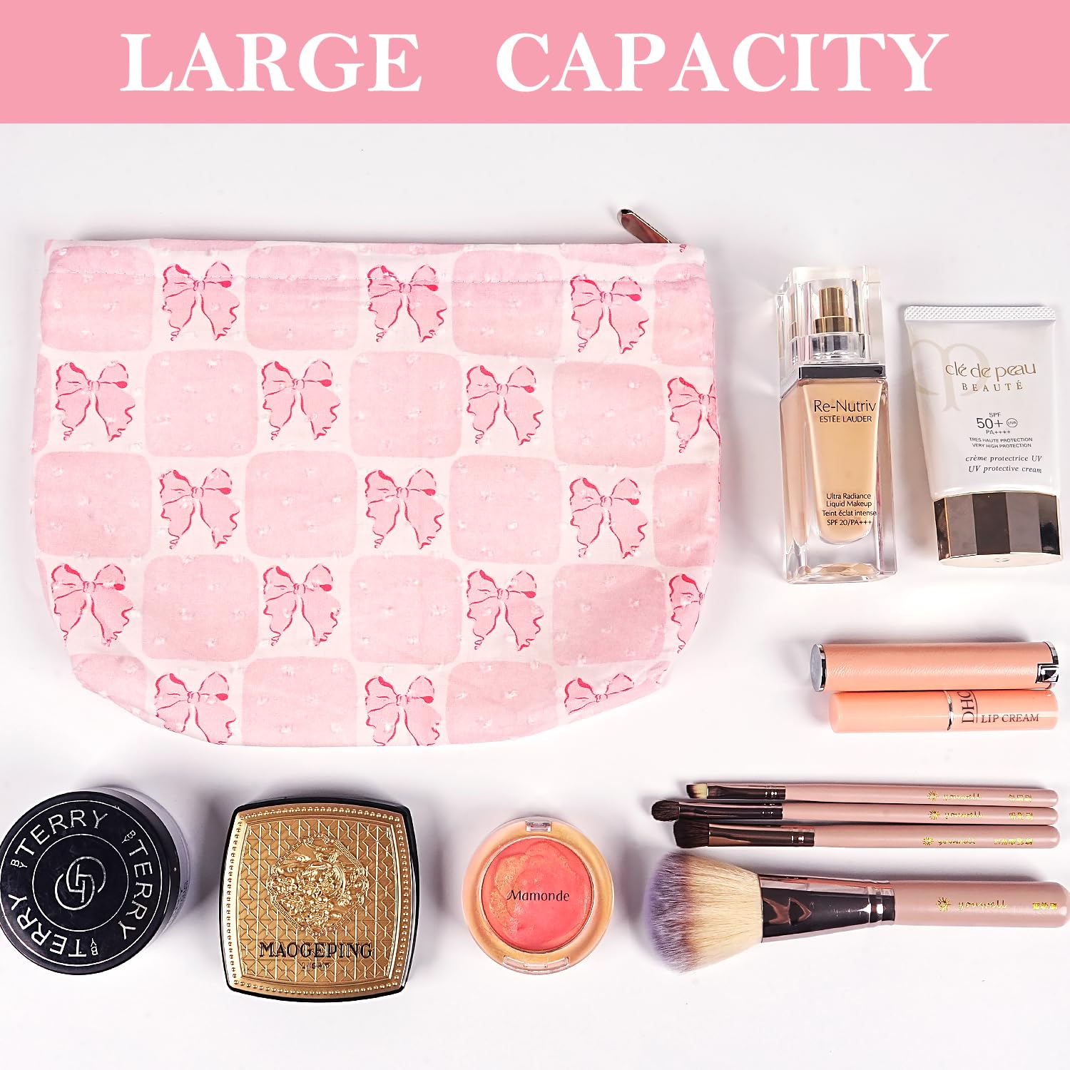 Large Makeup Bag for Purse Pink Grid Bow Cosmetic Bag for Women Girls Cute Pink Bowknot Canvas Travel Toiletry Bag Organizer - Image 3
