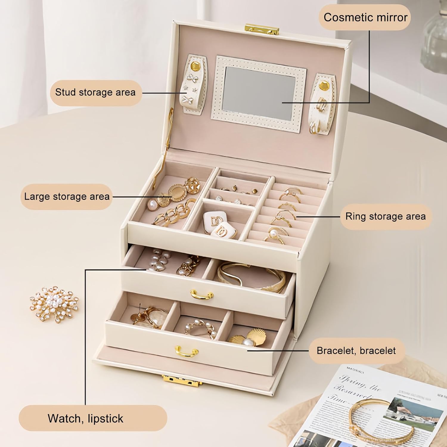 3-layer jewelry box with mirror, which can be locked into leather jewelry box for storing necklaces, rings, earrings and watches, and multi-drawer storage box. (white)