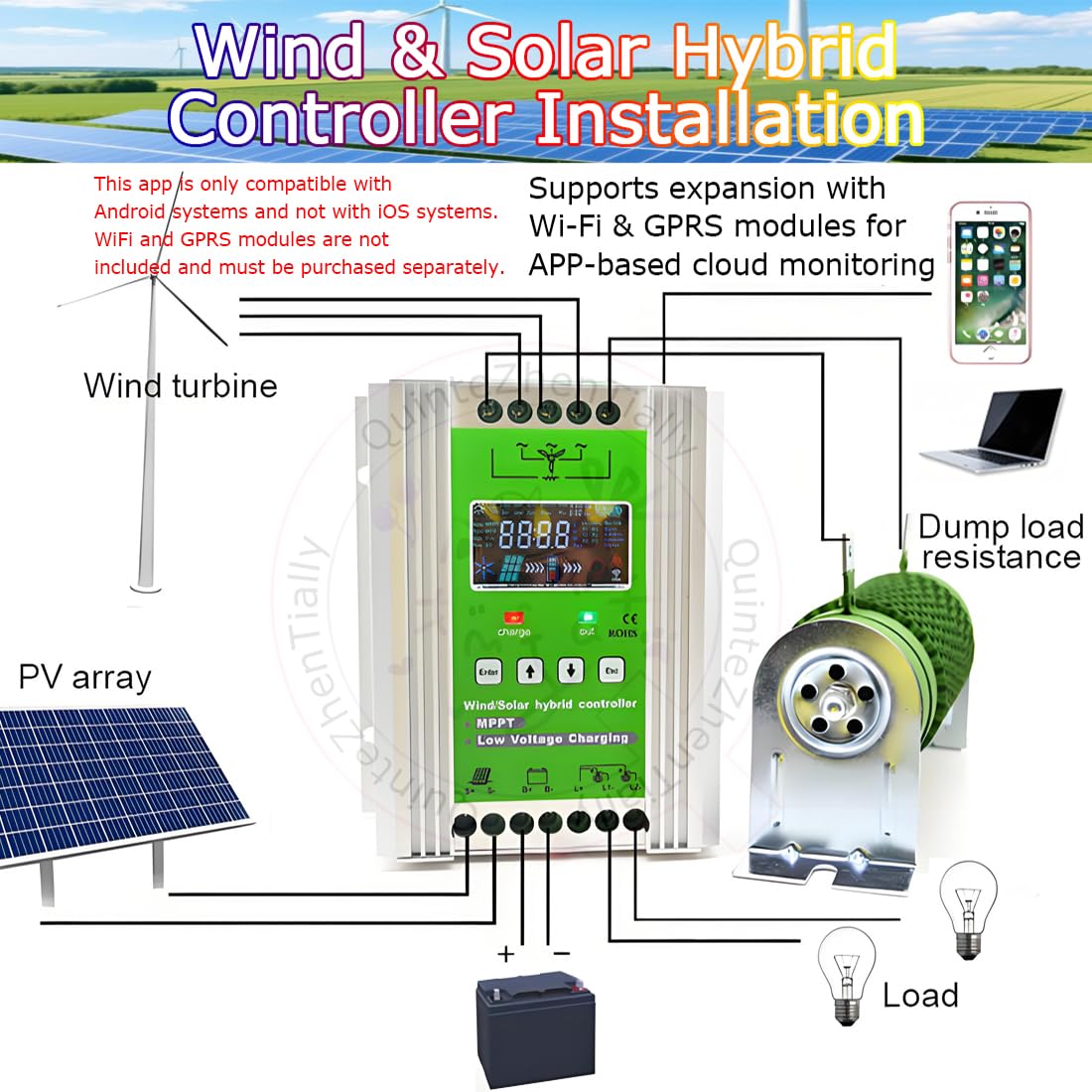 off Grid Mppt Wind Solar Hybrid Controller,Regolatore Carica Ibrido Solare Eolico App WiFi Mobile,umidità 10%~90% (Senza Condensa),Classe Protezione Ip30,per Eolico Pannelli 6000W