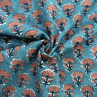 E-Tailor Indian Handmade Ethnic 100% Cotton Running Hand Block Print Natural Fabric for Dressmaking, Sewing, Crafting, Upholestry Fabric by The Yards Bice Blue, 1 Yards