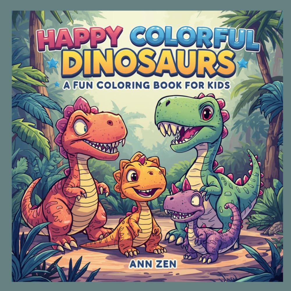 Happy Colorful Dinosaurs: A Fun Coloring Book for Kids: Cute, easy, and relaxing dinosaur coloring pages for toddlers and children ages 3–6, featuring smiling dinosaurs and simple designs