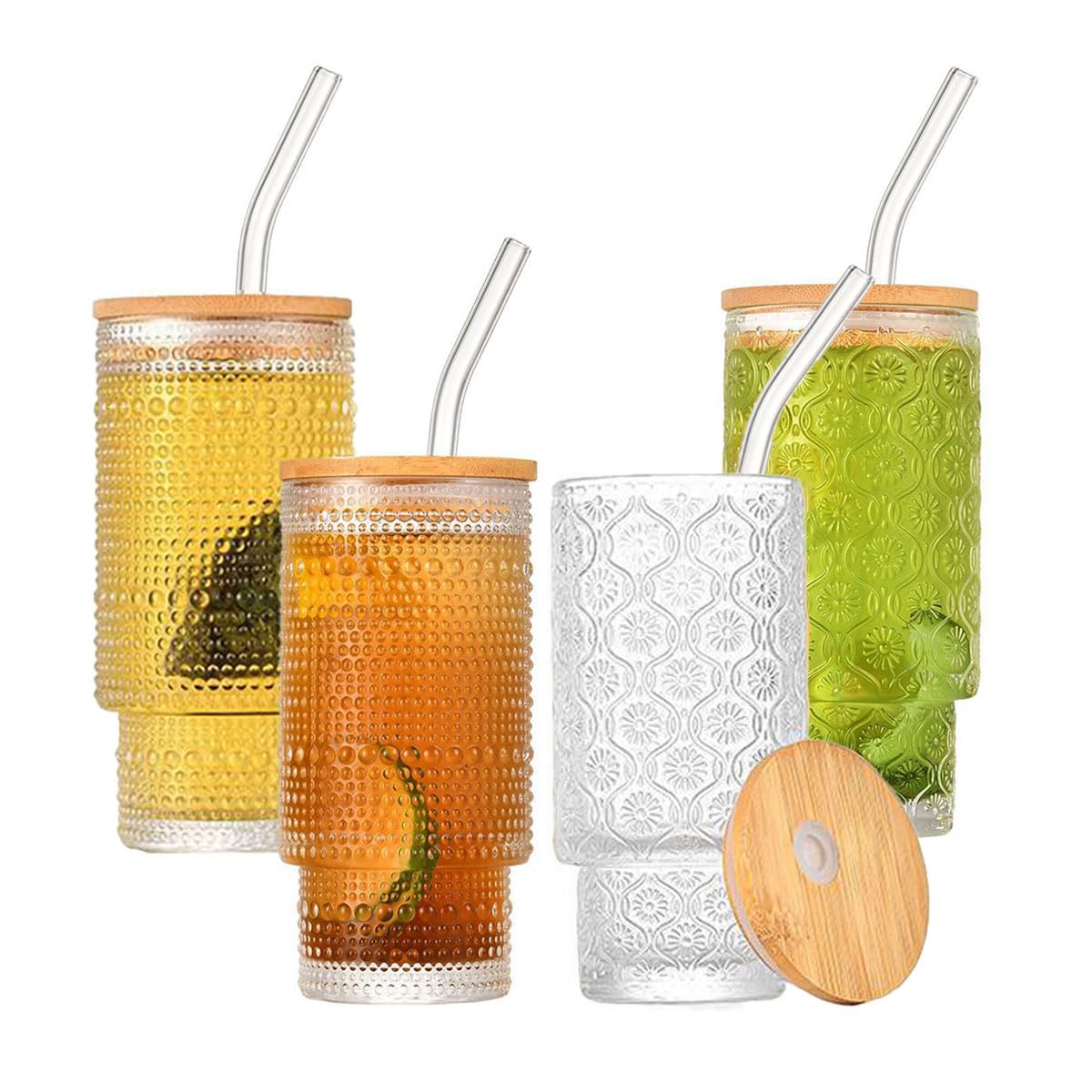 Lot de 4 gobelets empilables en verre texturé avec couvercles et pailles en bambou, 320 ml - Tasses à café glacé réutilisables pour cuisine/fête/maison, peu encombrant