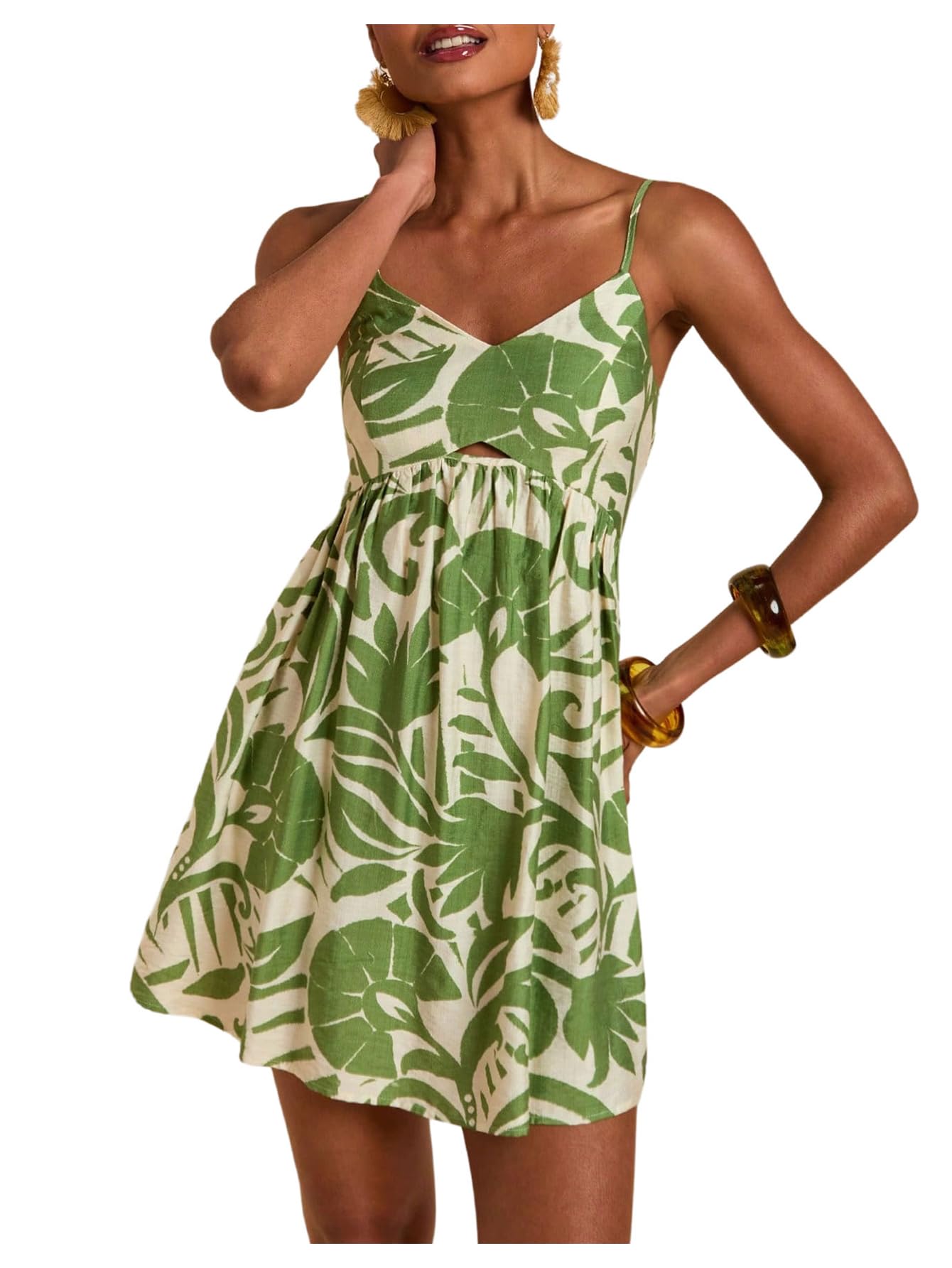 Women's Boho Tropical Leaf Shirred Spaghetti Strap Mini Dresses