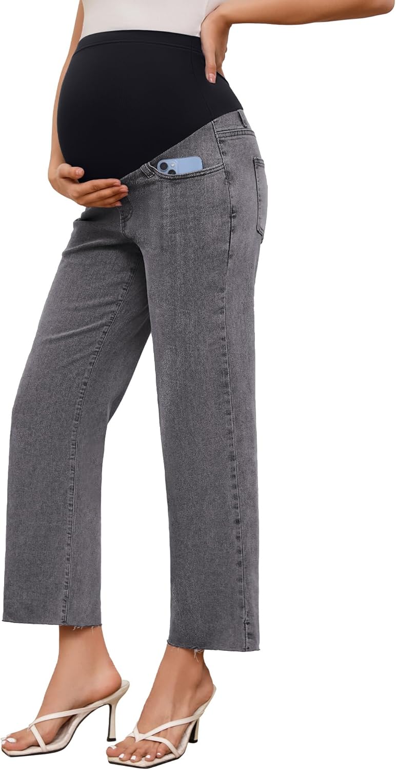 fitglam Women's Maternity Jeans Straight Leg Relaxed Fit Over Belly Pregnancy Denim Work Pants Maternity Clothes with Pockets