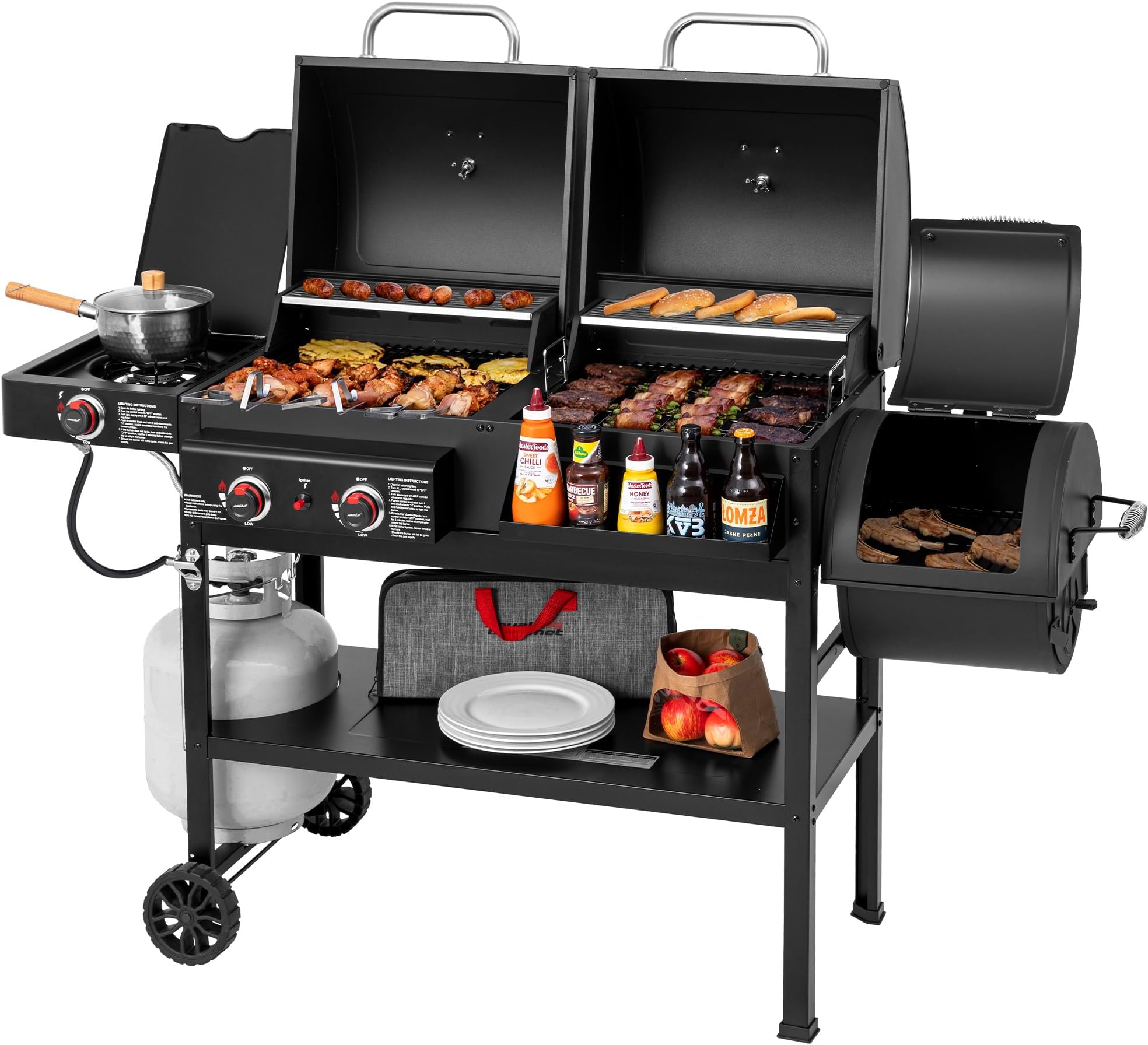 2-Burner Gas and Charcoal Grill Combo with Offset Smoker & Side Burner, 34,000 BTU Dual Fuel Grill, 1020 Sq. In. Cooking Area, Ideal for Outdoor Cooking, Black, ZH3005Y-SC