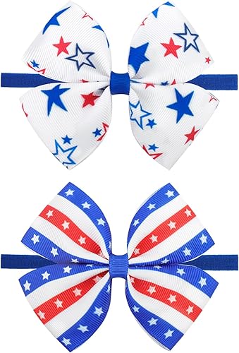 ONENINEDREAM 4th of July Baby Girl Bows American Flag Bow Patriotic Star Headband Hair Ribbon Bow for Toddler Newborn Elastic Nylon Hair Accessories Blue Red Bow