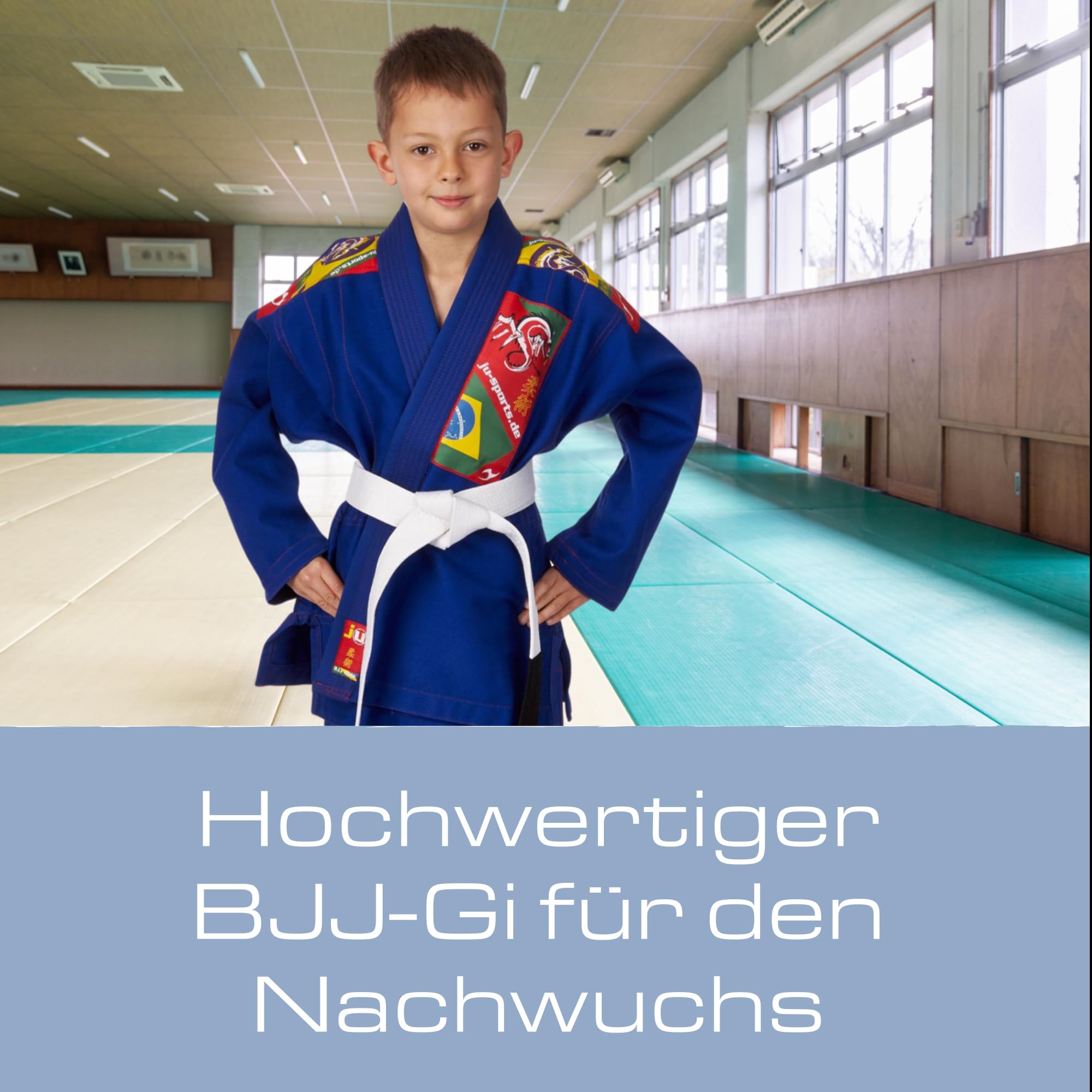 Ju-Sports BJJ Anzug Kids Blau I Leichter, schlanker Brazilian Jujutsu Anzug speziell für Kinder I BJJ Gi im bunten Design I Inkl. weißem Gurt I 100% Baumwolle