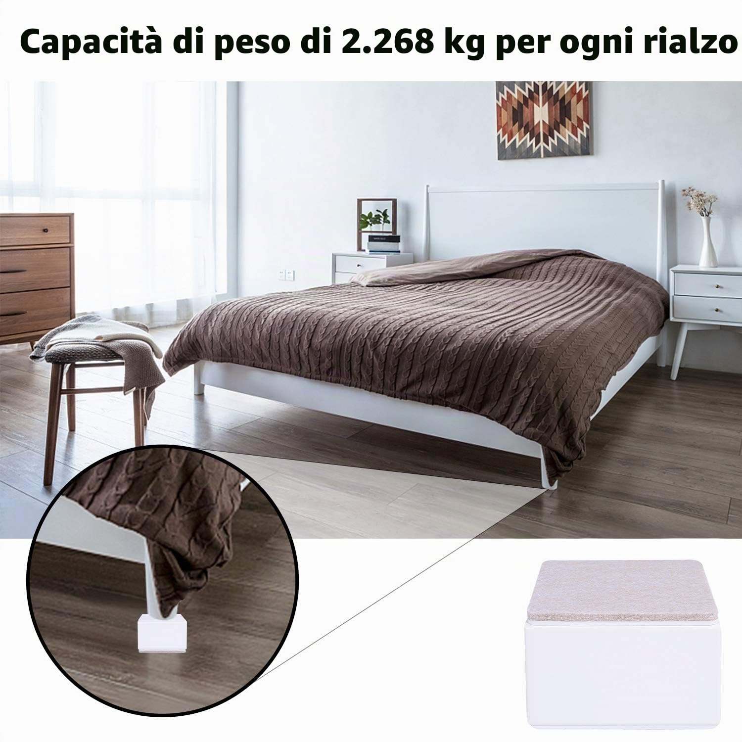 Ezprotekt Alzata per Mobili 5 cm in Acciaio, Diametro 3.15", Alzate Autoadesive per Mobili Resistenti, Aggiunge 2" di Altezza ai Letti, Divani e Armadi, Supporta 3000 Ibs, Quadrato Bianca