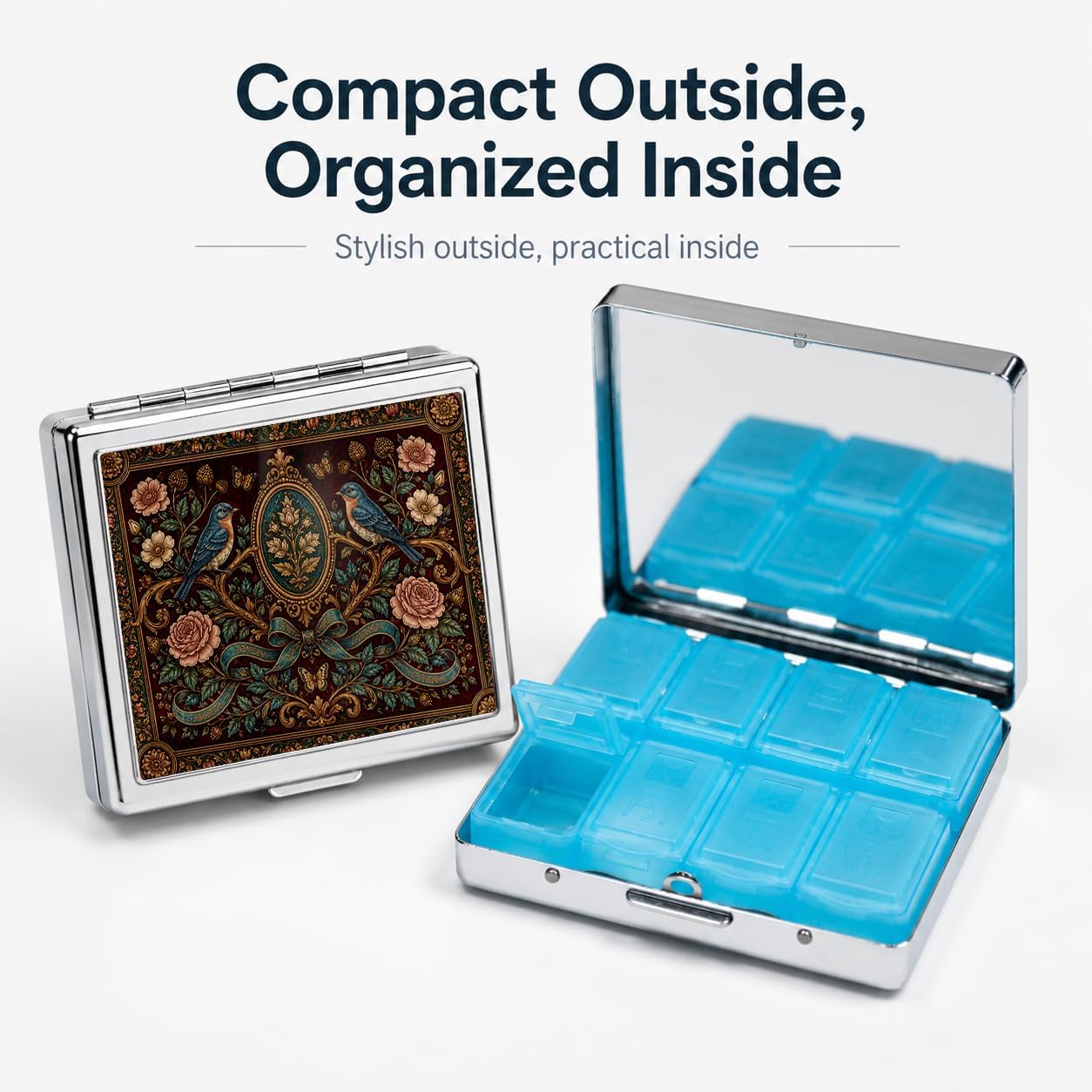 Compact 8 Compartment Metal Pill Box with Mirror for Purse(Bird)