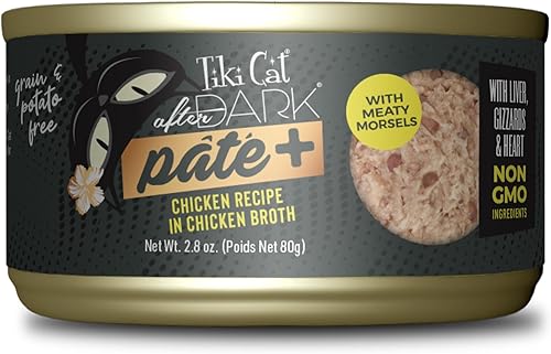 Tiki Cat After Dark Pate+, receta de pollo en caldo de pollo, con caldo de alta humedad para una hidratación óptima, comida enlatada húmeda para