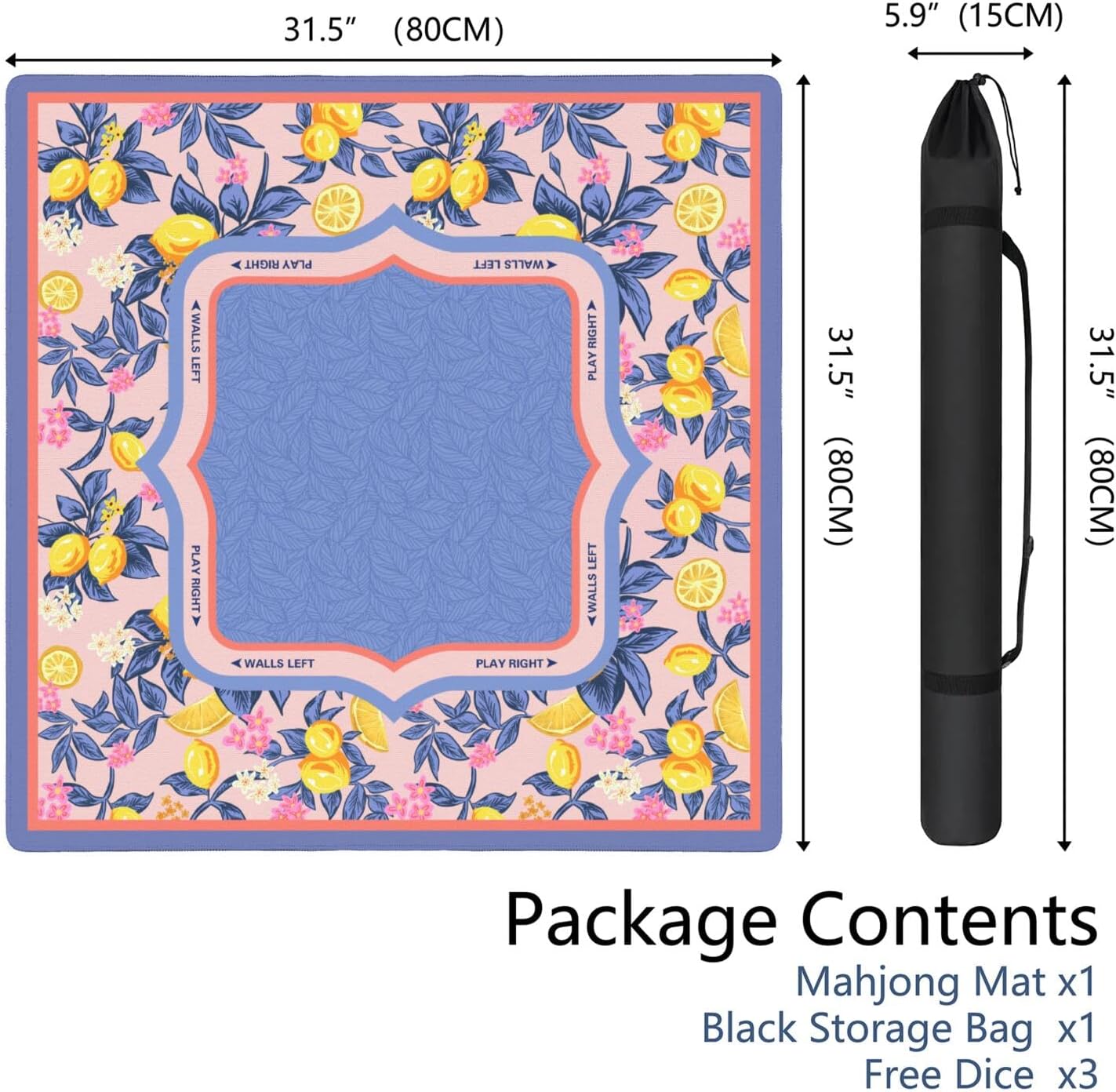 Purple Mahjong Mat for Table, 31.5 * 31.5in Anti Slip Mahjong Table Cloth, Noise Reduction, Neoprene Mah jongg Mat with Carrying Bag & 3 Dices, Poker Board Tile Games Mats, Lemon Tree 2 image 2