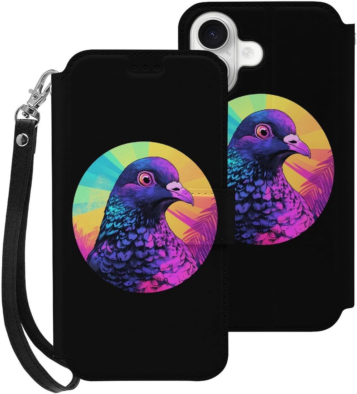 Vintage Pigeon 90s Compatible with iPhone 16/16 Plus/16 Pro/16 Pro Max/16 E Case Phone Wallet Card Holder Flip Cover with Wrist Strap