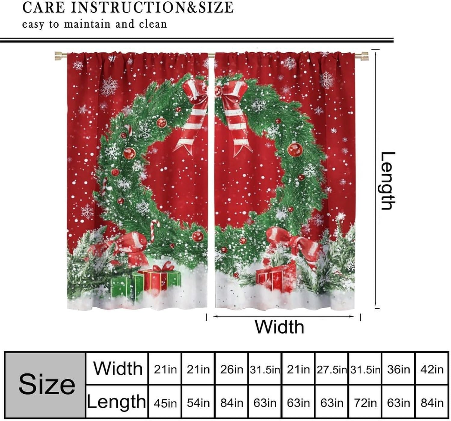 Merry Christmas Curtains Red Background Green Christmas Wreath Snowflake Winter Christmas Festivals Atmosphere Window Treatment for Happy Festival Living Room Bedroom Home Decor Window Drapes 55"W X 6