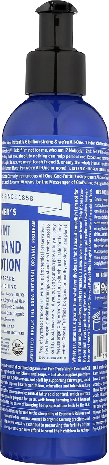 Dr. Bronner's & All-One Organic Lotion for Hands & Body, Peppermint, 8-Ounce Pump Bottle