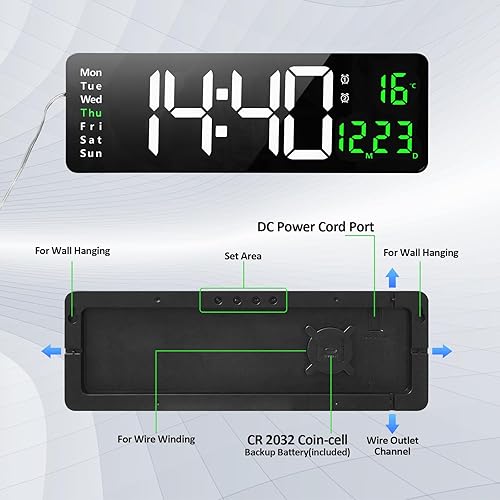 Miniatura 5 de Reloj de pared digital grande, reloj de pared digital de 16 pulgadas con hora, fecha, temperatura, semana, temporizador, 1224 horas, atenuación