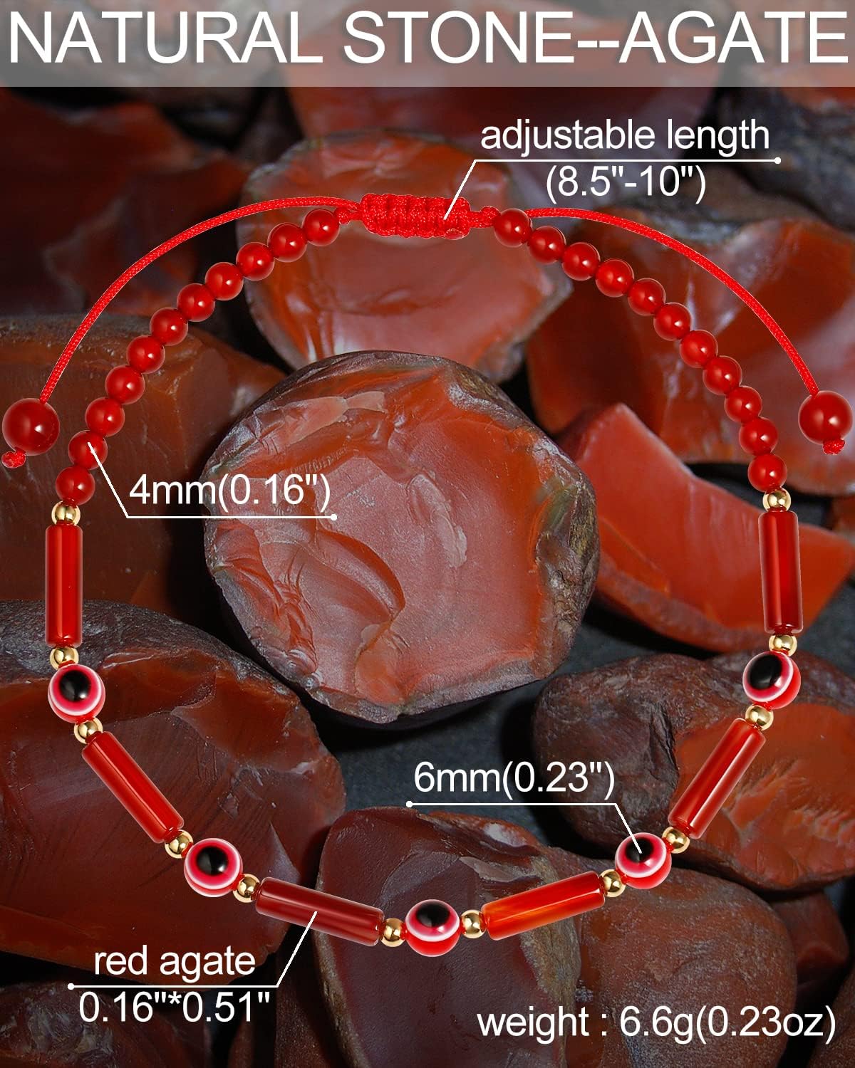 Red Agate with Evil Eye Anklet Crystals Ankle Bracelets for Women Amulet Protection Summer Beach Foot Jewelry (8.5-10 inch) - Image 5