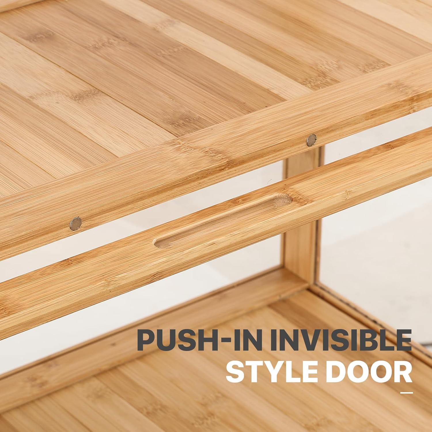 Detail of the push-in invisible style door handle on the MoNiBloom display cabinet.