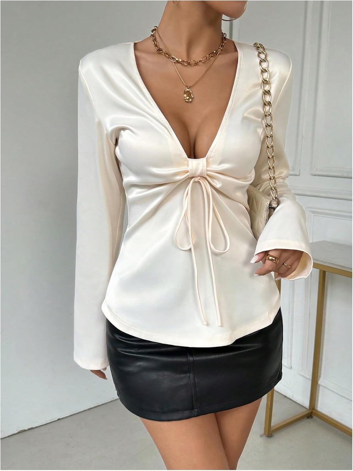 WDIRARA Women's Twist Tie Front Satin Blouse Ruched Deep V Neck Long Sleeve Tops - Image 5