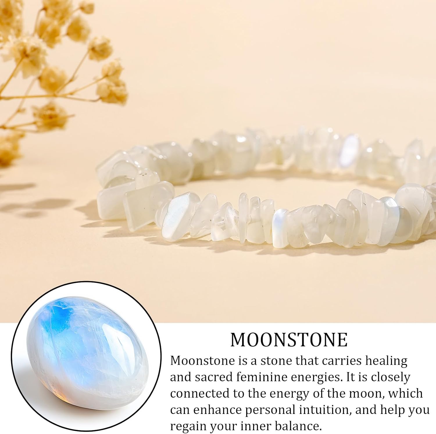 GolbalJew Natural Gemstone Beads Bracelets Healing Crystal Stone Beaded Bracelet for Women Men Handmade Spiritual Jewelry Gifts, 5-8mm Moonstone Chips Beads - Image 3